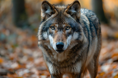 Portrait of a wolf in the forest on an autumn day.