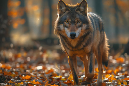 Portrait of a wolf in the autumn forest. Wolf in the nature.