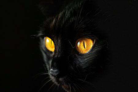 Portrait of a black cat with yellow eyes on a black background