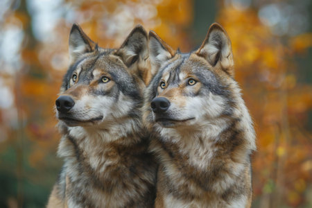 Two gray wolves in the autumn forest. Close-up portrait.