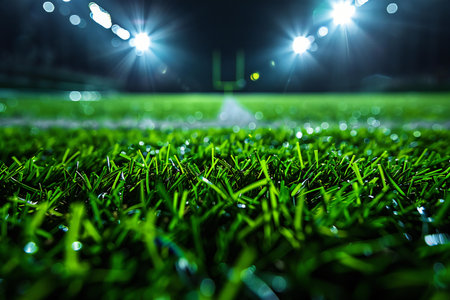 Soccer field with green grass and lights in the night. Close up