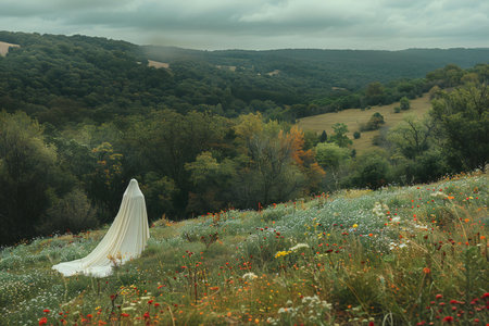 Wedding dress on a meadow with poppies and wildflowers