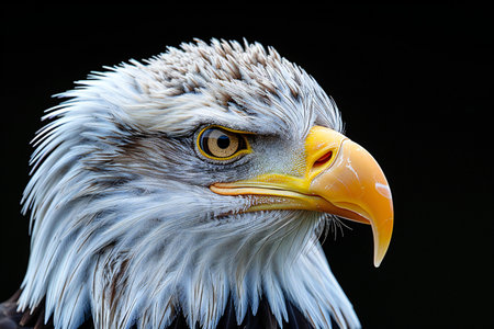 Bald Eagle on black background, closeup of head and shoulders