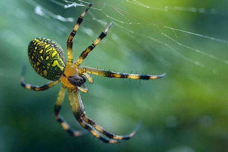 Closeup of a yellow spider on a web in the forest.