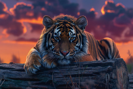 Siberian Tiger in the sunset. Wildlife scene from nature.