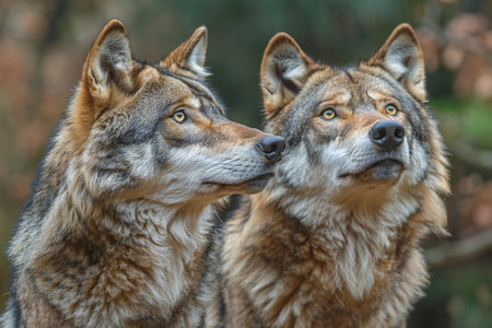 Portrait of two wolf looking at each other in the forest.