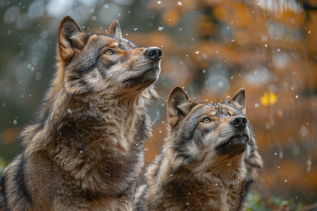 Two wolves in the autumn forest on a background of falling leaves.