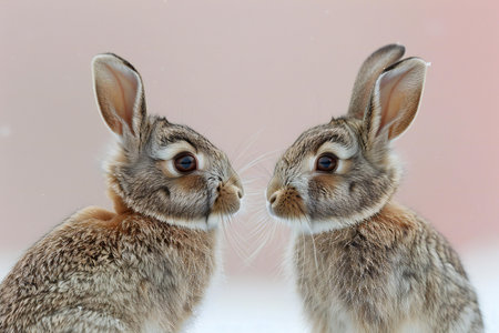 two cute rabbits looking at each other on the snow in winter.