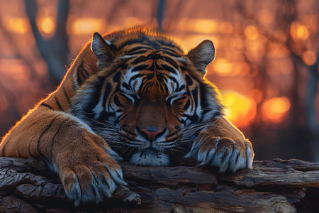 Tiger lying on a log in the forest in the evening.