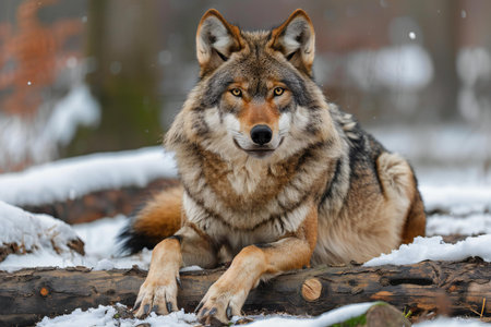 Gray wolf (Canis lupus) sitting on a log