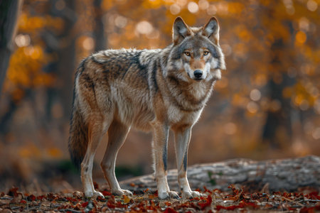 Gray wolf, Canis lupus, in the autumn forest