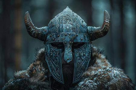 Viking warrior with horned helmet and fur coat in the forest
