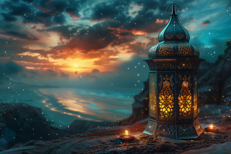 Ramadan Kareem greeting card. Ramadan lanterns with burning candles on the background of the sea and...