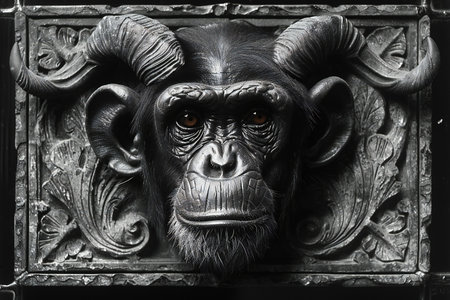 Monkey head on the door of a temple. Black and whiteの写真素材