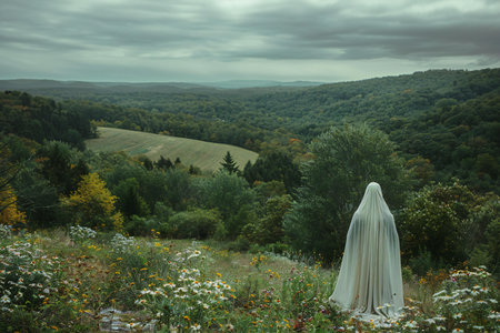 Witch in a white robe with a hood on the background of the mountains