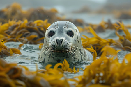 seal on the seashore with yellow flowers in the background