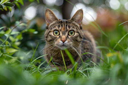 Tabby cat on the green grass in the garden, selective focusの写真素材