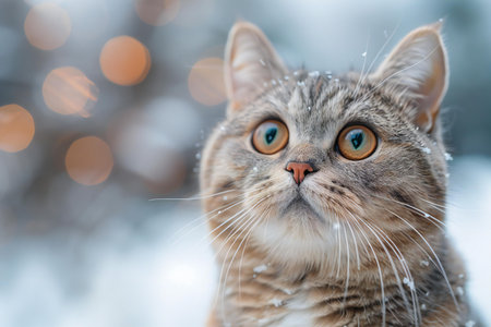 Portrait of a cat on a background of snow and bokeh