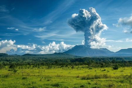 Volcanic eruption on a background of green grass and blue sky