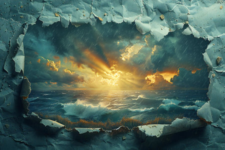 Fantasy landscape with sea and sky. Collage. Elements of this image furnished by NASA