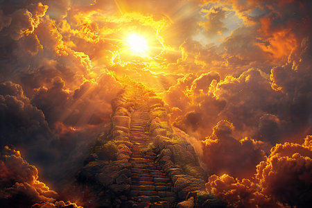 Mystical landscape with stairs leading to heaven. 3D rendering