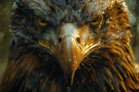 Close up of eagle head with golden glowing eyes on dark background.
