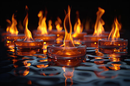Burning candles on black background, closeup of photo with shallow depth of field