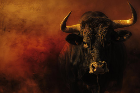 Bull with big horns in the smoke on a dark background. Copy space.