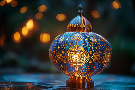 Close up of decorative arabic lantern on table with bokeh background