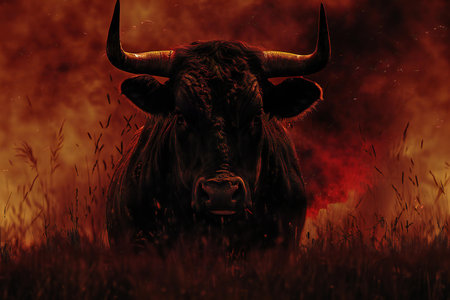 Bull with horns in the steppe at night. 3d rendering