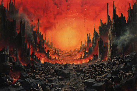 Fantasy landscape with ruins and fire. 3d render illustration.