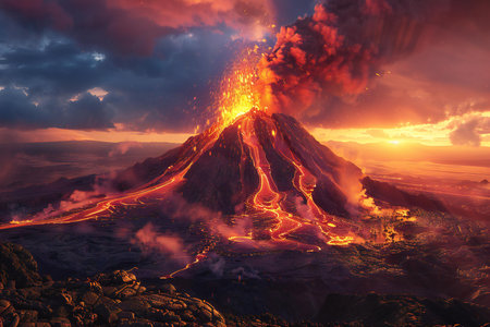 Volcano eruption at sunrise. 3D illustration of volcano eruption at sunrise