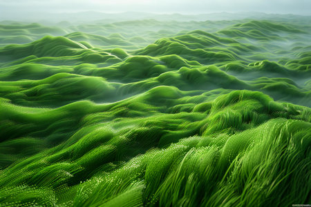 Green abstract background with waves and fog. 3d rendering, 3d illustration.