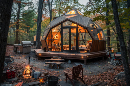 Camping tent in a forest during autumn season.