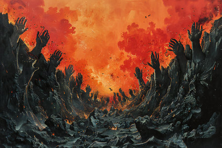 Halloween background with zombie hands and fire. Horror Halloween concept.