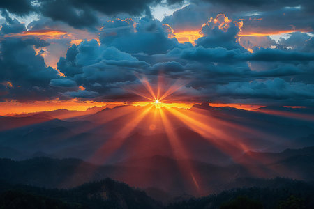 Sunset in the mountains with sun rays and clouds. Beautiful natural landscape.の写真素材