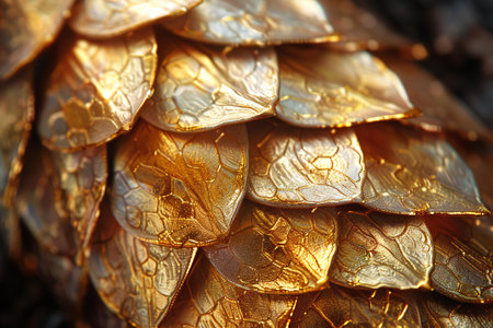 Golden pine cone close-up. Christmas and New Year background.の写真素材
