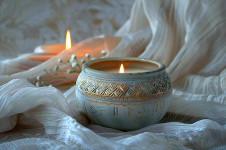 Burning candles in a vase on a white fabric background.の写真素材