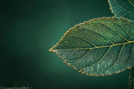 Green leaf with dew drops on a dark green backgroundの写真素材