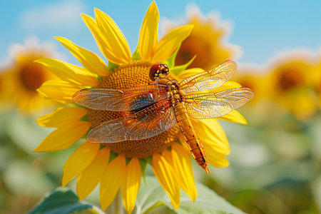 Dragonfly on sunflower in the field. Close-up.