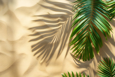 Palm leaves on the sand with shadow of palm tree. Summer background