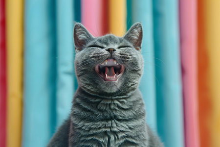 Portrait of a grey cat yawning in front of colorful backgroundの写真素材