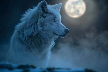 White wolf in front of a full moon in the night sky.