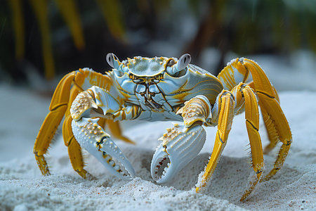 Close-up of a blue crab on the sand in the ocean