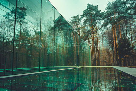 Modern building with glass walls and reflections of trees in the waterの写真素材