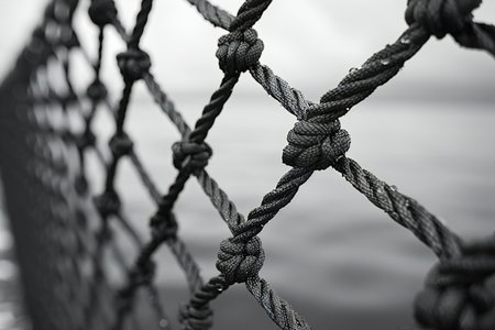 Close up of a black and white rope on a boat net.