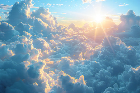 Blue sky with clouds and sun. View from above. Nature background