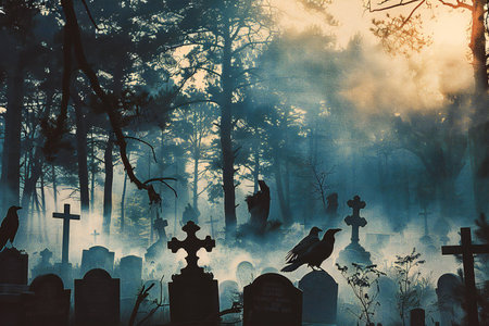Halloween background with cemetery and ravens, toned image.