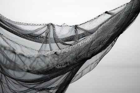 Close-up of a fishing net against a cloudy sky background.
