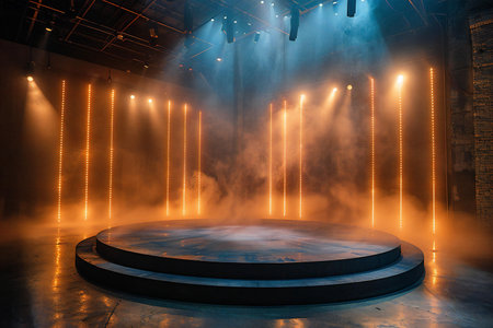 Empty stage with spotlights and smoke on the floor in the darkの写真素材
